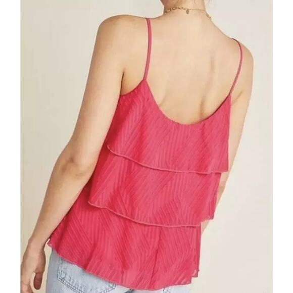 Anthropologie Amadi Top Hot Pink Ruffle Textured Lined Preppy Flowy Scoop Neck - Picture 2 of 11